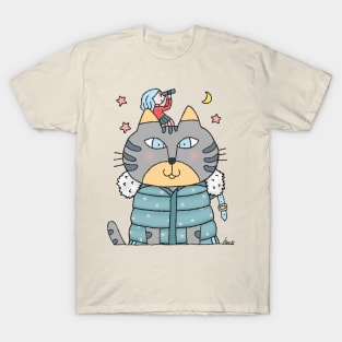 Gray Cat In Puffy Coat with a Pretty Stargazer on Head T-Shirt